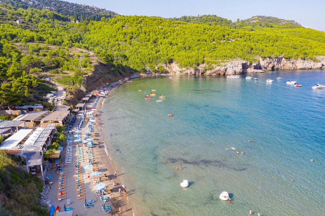 Speedboat anchored in a sheltered Adriatic cove near Dubrovnik